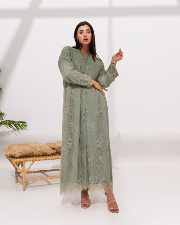 Sage Green Lace Abaya with Delicate Floral Detailing