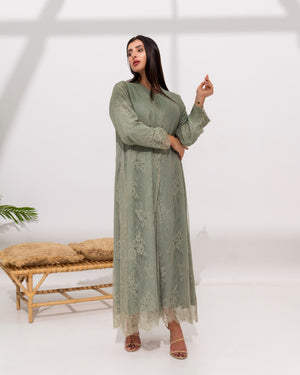 Sage Green Lace Abaya with Delicate Floral Detailing