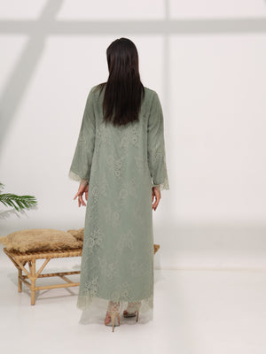 Sage Green Lace Abaya with Delicate Floral Detailing