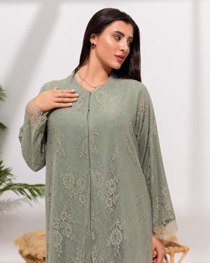 Sage Green Lace Abaya with Delicate Floral Detailing