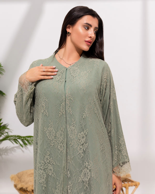 Sage Green Lace Abaya with Delicate Floral Detailing