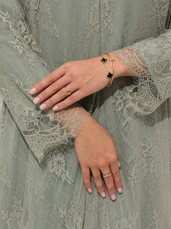 Sage Green Lace Abaya with Delicate Floral Detailing