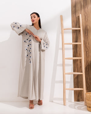 White Saudi Linen with Sea blue Beadwork