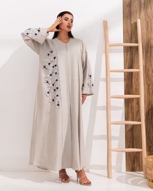 White Saudi Linen with Sea blue Beadwork