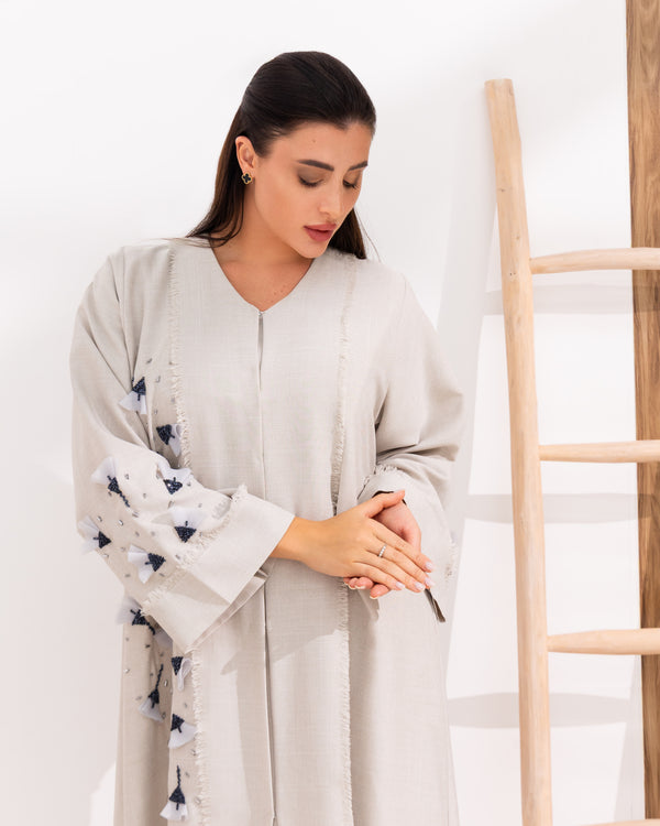 White Saudi Linen with Sea blue Beadwork