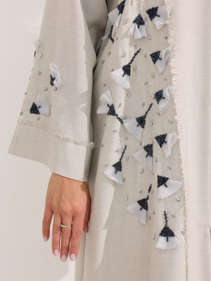 White Saudi Linen with Sea blue Beadwork