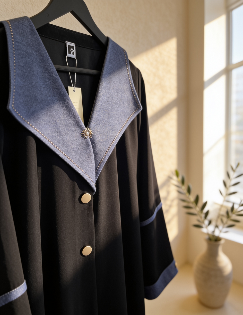 Heritage Threads Abaya - Black linen abaya with an oversized contrast collar
