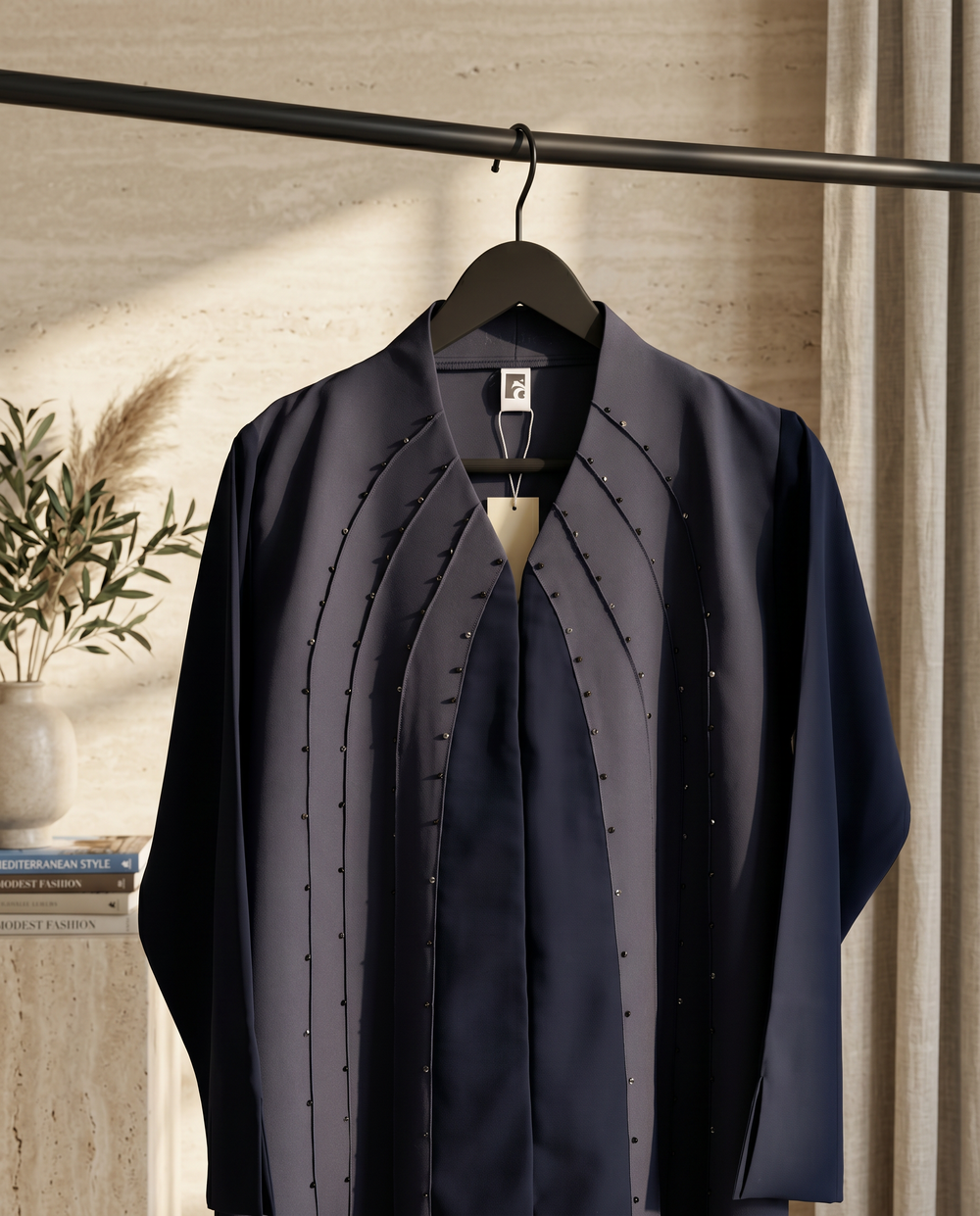 Heritage Threads Abaya - Black Abaya with Crystal-Studded Arched Panel Seams in Korea Satin Fabric