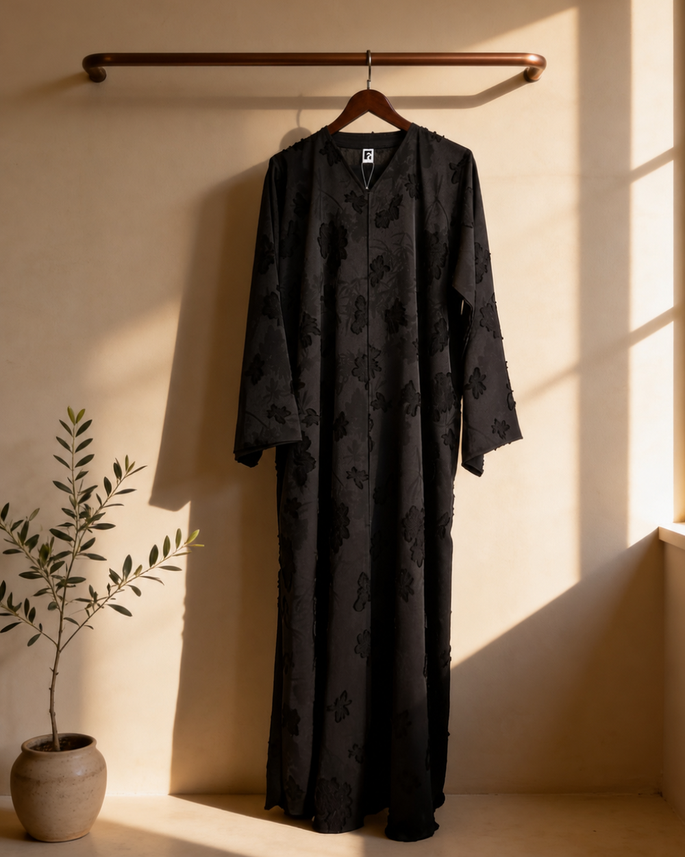 Heritage Threads Abaya - Black floral jacquard fabric wirh Frayed Threads