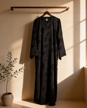 Heritage Threads Abaya - Black floral jacquard fabric wirh Frayed Threads
