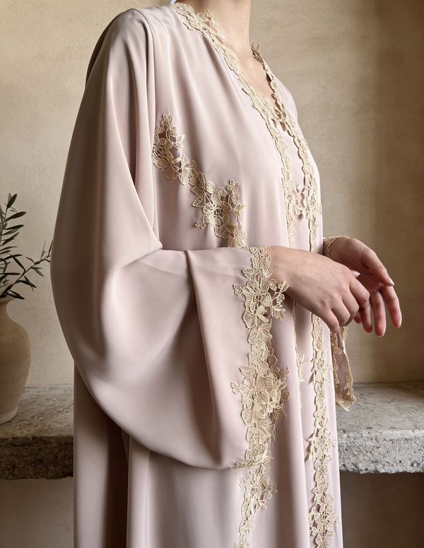 Heritage Threads Abaya - Blush Pink Abaya with Champagne Guipure Lace Trim