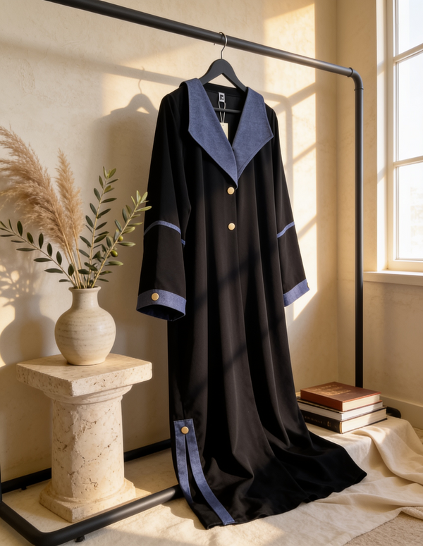Heritage Threads Abaya - Black linen abaya with an oversized contrast collar
