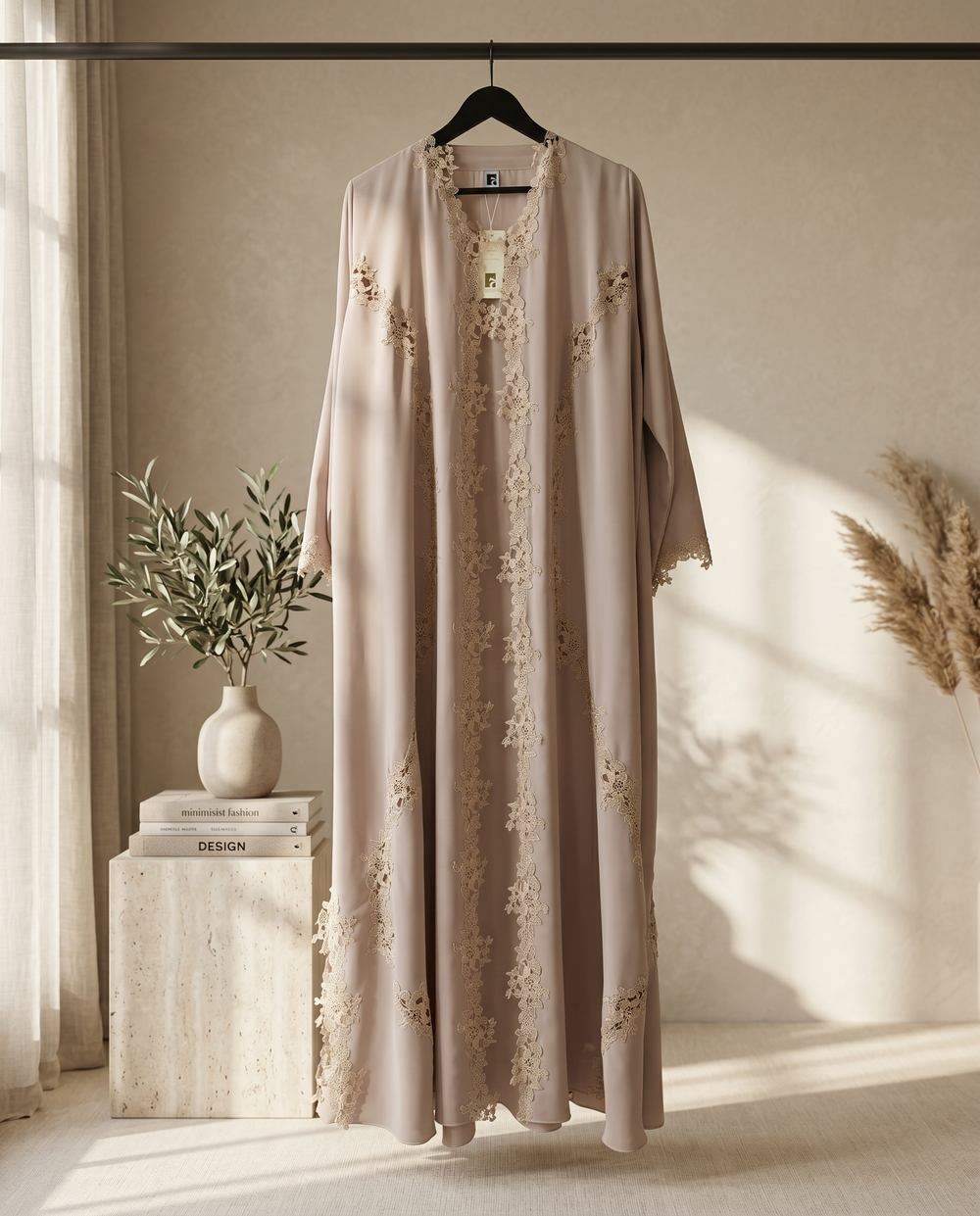 Heritage Threads Abaya - Blush Pink Abaya with Champagne Guipure Lace Trim