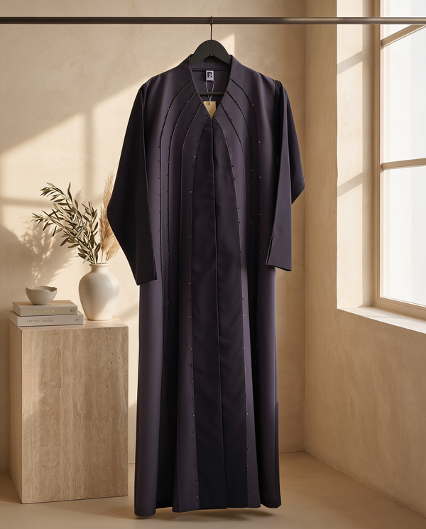 Heritage Threads Abaya - Black Abaya with Crystal-Studded Arched Panel Seams in Korea Satin Fabric