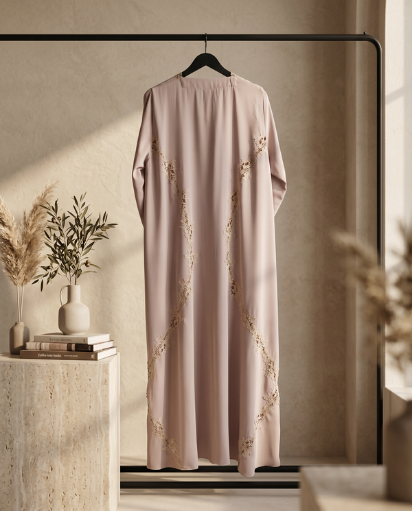 Heritage Threads Abaya - Blush Pink Abaya with Champagne Guipure Lace Trim