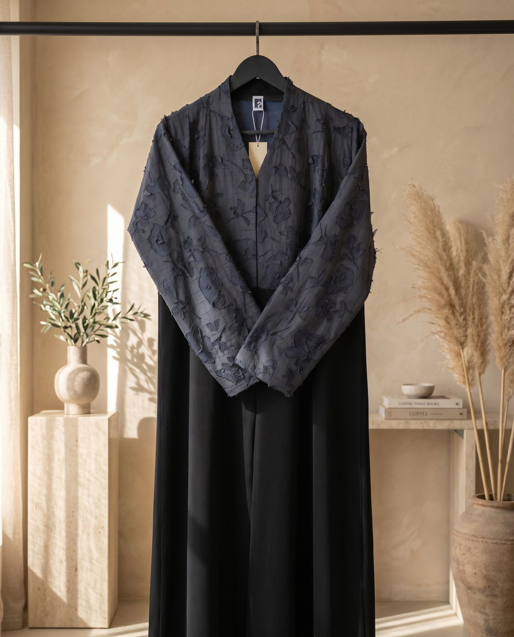 Heritage Threads Abaya - Black Abaya with Floral Lace Contrast Yoke