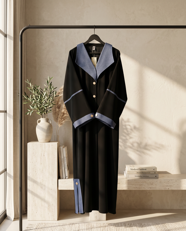 Heritage Threads Abaya - Black linen abaya with an oversized contrast collar