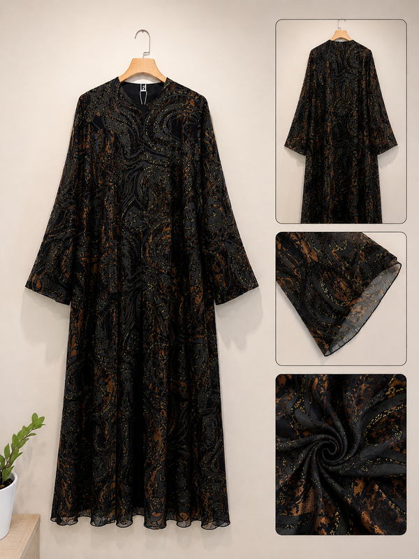 Heritage Threads Abaya - Coffe Brown and Black Velvet Abstract Designer Abaya
