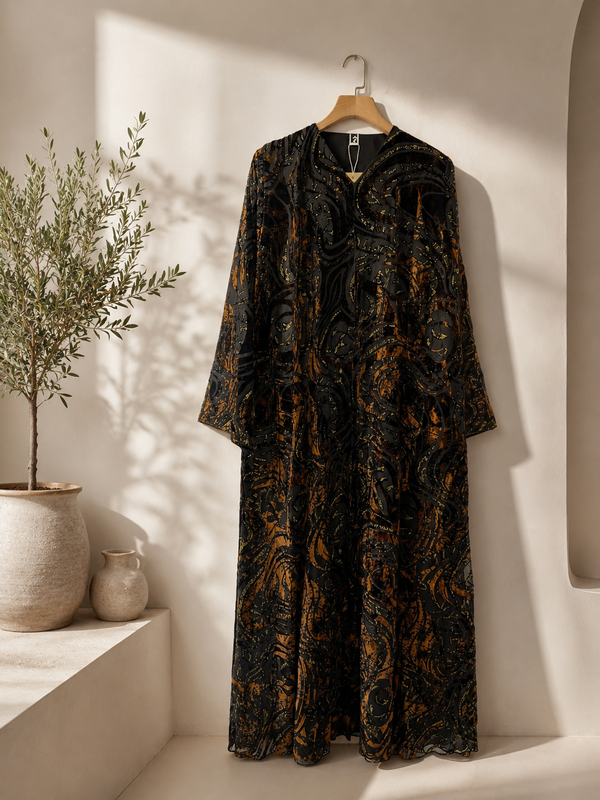 Heritage Threads Abaya - Coffe Brown and Black Velvet Abstract Designer Abaya