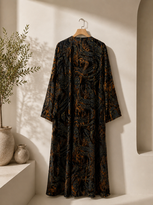 Heritage Threads Abaya - Coffe Brown and Black Velvet Abstract Designer Abaya
