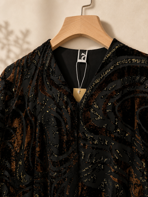 Heritage Threads Abaya - Coffe Brown and Black Velvet Abstract Designer Abaya