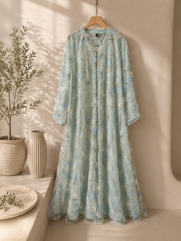 Heritage Threads Abaya - Mint Floral Embroidered Organza Abaya | Klosh Cut with Chiffon Lining
