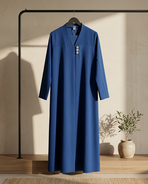 Heritage Threads Abaya - Blue Japanese Cut Abaya with Stone Buttons | Lite Indonesia Barbie Fabric