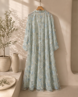 Heritage Threads Abaya - Mint Floral Embroidered Organza Abaya | Klosh Cut with Chiffon Lining