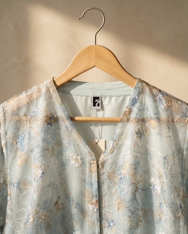 Heritage Threads Abaya - Mint Floral Embroidered Organza Abaya | Klosh Cut with Chiffon Lining