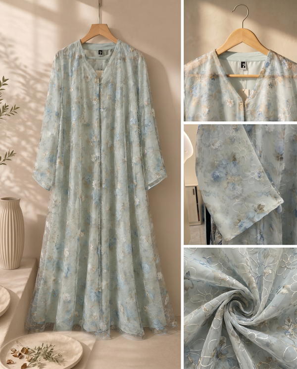Heritage Threads Abaya - Mint Floral Embroidered Organza Abaya | Klosh Cut with Chiffon Lining