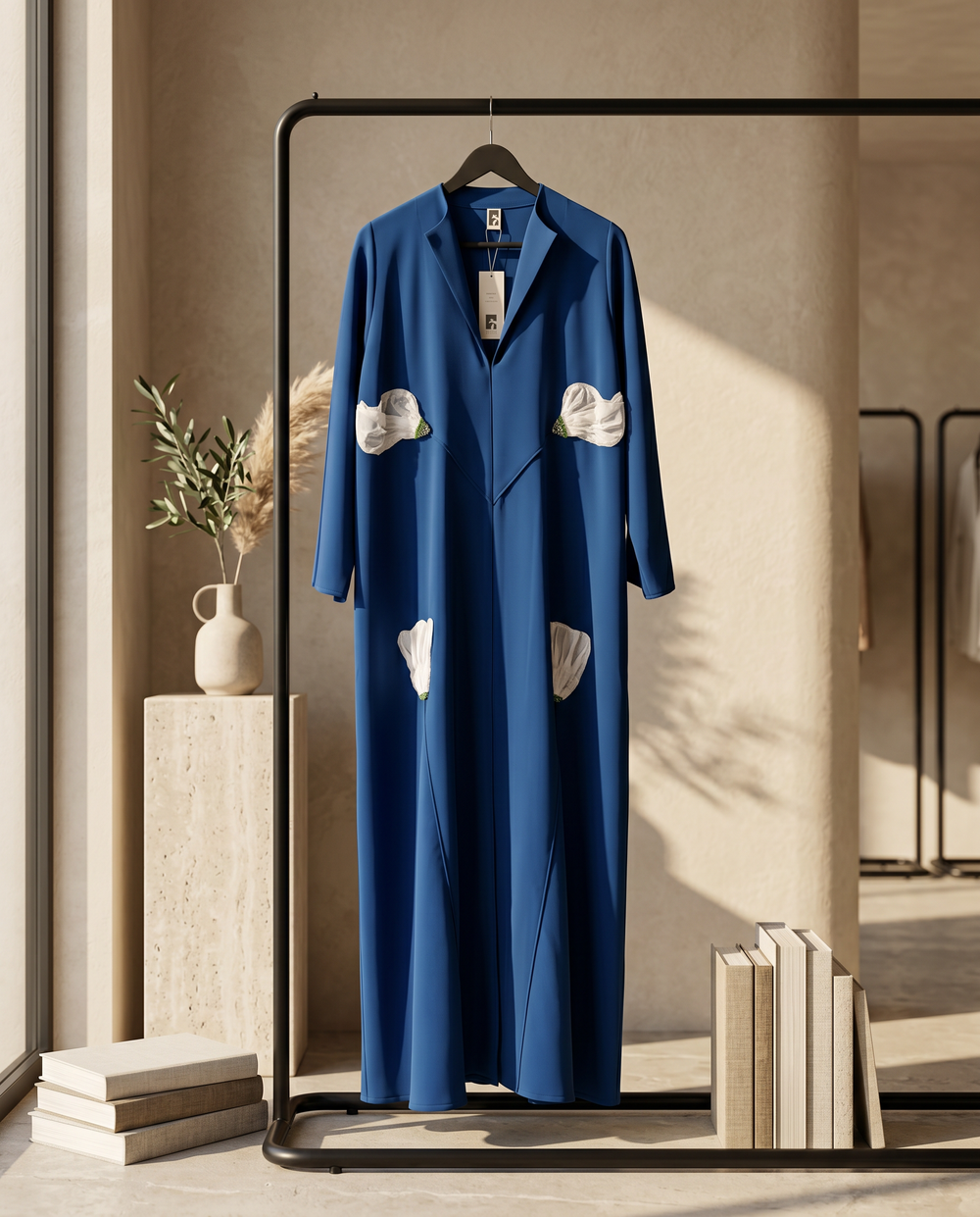 Heritage Threads Abaya - Cobalt blue abaya in Barbie fabric, with 3D fabric flower appliqués