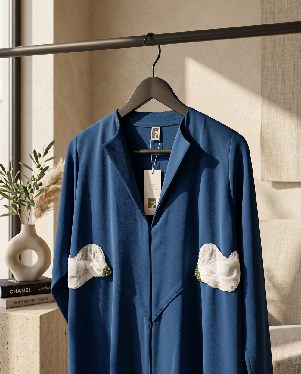 Heritage Threads Abaya - Cobalt blue abaya in Barbie fabric, with 3D fabric flower appliqués
